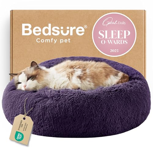 Bedsure Calming Cat Beds for Indoor Cats - Small Cat Bed Washable 20 inches, Anti-Slip Round Fluffy Plush Faux Fur Pet Bed, Fits up to 15 lbs Pets, Purple - color: Indigo Purple, size: 20"L x 20"W x 6"Th