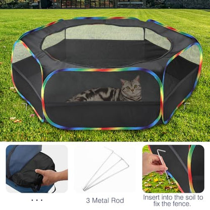 Pawaboo Small Animals Playpen, Waterproof Small Pet Cage Tent with Zippered Cover, Portable Outdoor Yard Fence with 3 Metal Rod for Chick/Kitten/Puppy/Guinea Pig/Rabbits/Hamster, Black + Rainbow - color: N-Black + Rainbow