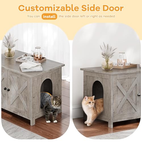 Shintenchi Cat Litter Box Enclosure, Litter Box Furniture Cabinet Hidden with Removable Divider, Wooden Cat House with End Table, Light Grey Oak, 31.5 inch - color: Light Grey Oak