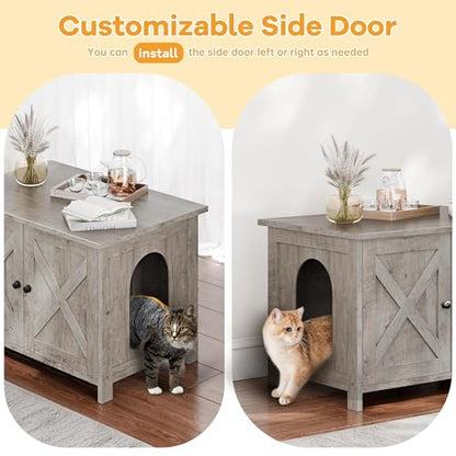 Shintenchi Cat Litter Box Enclosure, Litter Box Furniture Cabinet Hidden with Removable Divider, Wooden Cat House with End Table, Light Grey Oak, 31.5 inch - color: Light Grey Oak