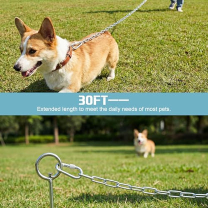 Frienda 30ft Galvanized Heavy Duty Dog Chain Tie Out Heavy Duty Chain 3mm Chew Proof with 2 Safety Clips Rust Resistant Outdoor Dog Leash for Yard Camping Hiking Park Travel 440lbs Break Strength
