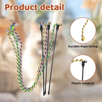 Cat Wand Toys for Indoor Cats, 3 Pack cat String Rope Toy Set, Colorful Interactive Teaser Wand with Rope Stick, Interactive Teaser Toys for Kittens and Adult Cats