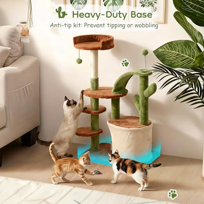 Cactus Cat Tree for Indoor Cats, 36.6" Small Cat Tower with Sisal Scratching Posts, Stable Cat Condo with Perches and Climbing Steps, Brown - color: Brown-1