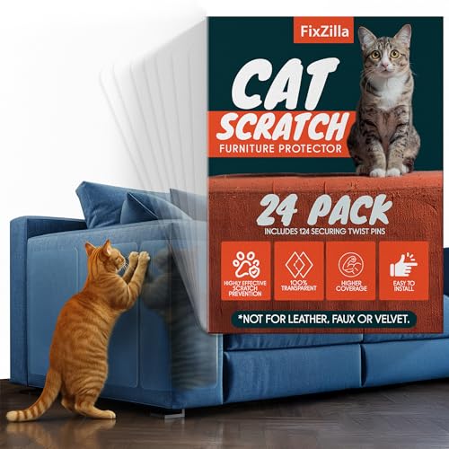 FixZilla Anti Cat Scratch Furniture Protector, 24-Pack Couch Protector from Cat Claws – Heavy-Duty, Easy-to-Apply Scratching Deterrent and Shield for Sofa Corners, Walls, Doors- with 124 Twist Pins - size: 24-Pack + 124 Pins