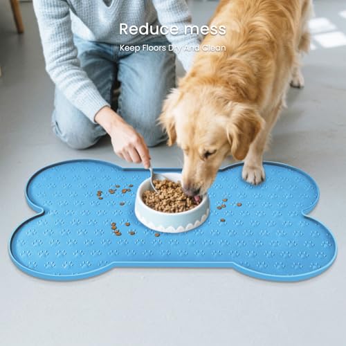 PWTAA Dog Food Mat Anti-Slip Silicone Dog Bowl Mat Thicker Pet Placemat Waterproof Cat Feeder Pad with Raised Edge Puppy Kitten Feeding Mats Suitable Small Medium-Sized Dogs Cats Eating Tray - color: Blue, size: 19.4" x 9.8"