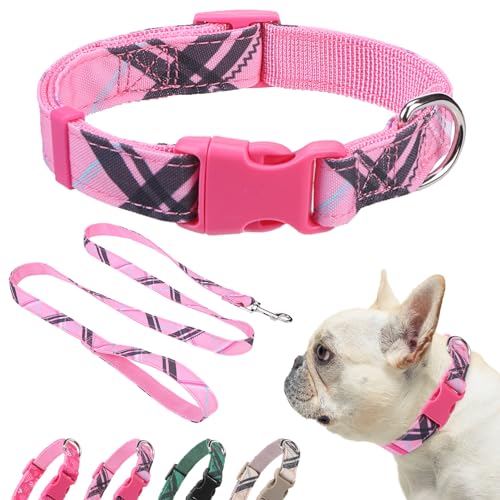 Dog Collar and Leash Set for Small Dogs, Adjustable Soft Puppy Collar with Quick Release Buckle, 5FT Heavy Duty Nylon Matching Leash for Boy Girl Chihuahua, Yorki, Bulldog, Pink S - color: Pink, size: Small(Neck:11.8"-16.2")