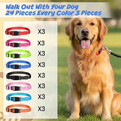 24 Pcs Dog Collars Bulk Adjustable Soft Breathable Premium Nylon Collar Reflective Dog Collar with Buckle for Medium Large Breeds for PET Travel Walk Daily (L, 8 Colors)