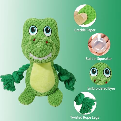 Cute Animals Interactive Squeaky Dog Toy with a Vocal Bladder, Crinkle Paper Stuffed Soft Cotton Chew Toy, Teething Rope Tug of War Pull Toy to Keep Them Busy for Puppy, Small Dogs - Green T.Rex - color: Green T.Rex