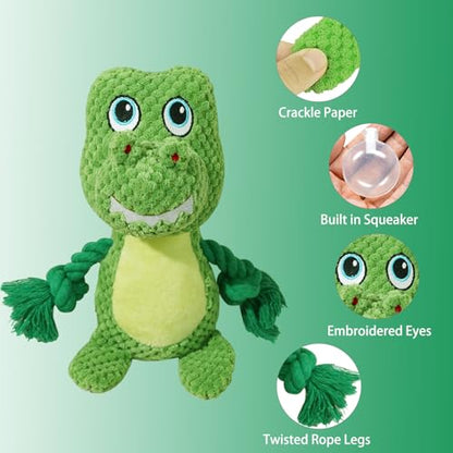 Cute Animals Interactive Squeaky Dog Toy with a Vocal Bladder, Crinkle Paper Stuffed Soft Cotton Chew Toy, Teething Rope Tug of War Pull Toy to Keep Them Busy for Puppy, Small Dogs - Green T.Rex - color: Green T.Rex