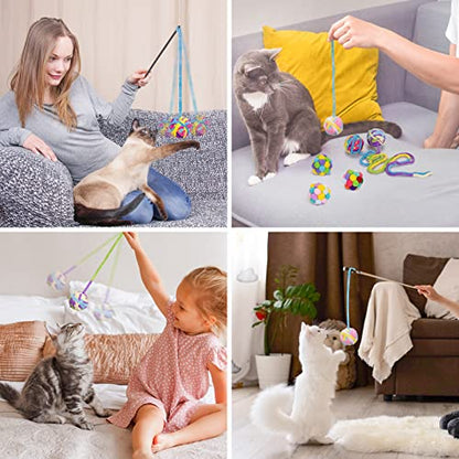 Retro Shaw Cat Toys Balls, 6Pcs Woolen Yarn Cat Balls with Bells Inside, Interactive Kitten Toys for Indoor Cats Kitty, Soft Pompom Jingle Ball with String Cat Nip Toys - size: 1.6 Inches