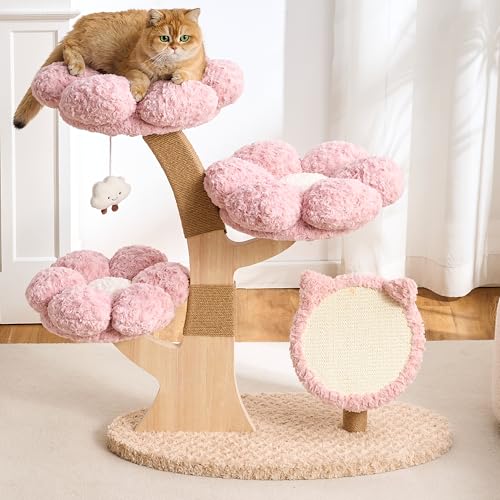 797Audio Flower Cat Tree, 37" Wood Branch Cat Tower, Pink Cloud Cat Tree with Scratching Post for Indoor Adult Cats, Luxury Cat Tree with Cat Scratch Pad & Interactive Squeaky Hanging Toy - color: Pink, size: 37"-Scratch Pad