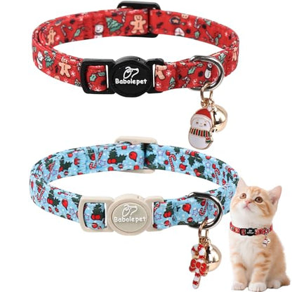 2 Pack Christmas Cat Collars - Breakaway Cat Collar with Bell, Candy Cane and Snowman Pendant, Winter Adjustable Kitten Collars for Girl Boy Cats, Blue&Red - color: Blue&Red