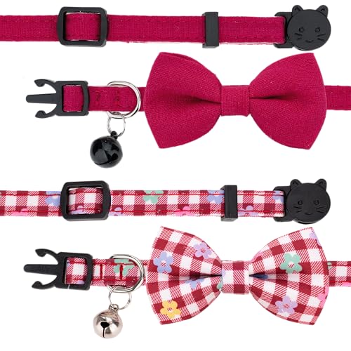 Cat Collar with Bow Tie Bell Breakaway Bowtie 2pcs Set Spring Plaid Flower Floral Solid Boy Girl Cute Kitten Safety B [Plaid & Solid] Wine Red - color: B [Plaid & Solid] Wine Red