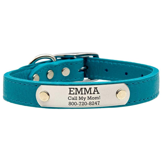 dogIDs Personalized Soft Designer Leather Dog Collar - Adjustable, Odor Resistant, Built-in Custom Laser Engraved Rivet on Name Plate - Turquoise - 1/2 in Wide x 9 in Neck - color: Turquoise, size: 1/2 in wide x 11 in (its 8-10 inch necks)
