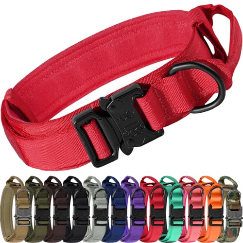 Joytale Tactical Dog Collar with Handle and Metal Buckle, Heavy Duty Padded Military Collar with 2 Patches for Training, Adjustable for Medium Dogs, Red, M - color: Red, size: M
