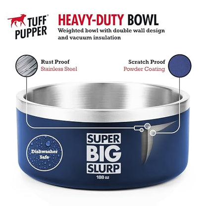 Tuff Pupper Heavy Duty Insulated Dog Bowl | Double Wall Stainless Steel Dog Food Dish | Non-Slip Spill Proof Dishwasher Safe Cat Bowl | Water Dish for Feeding Large Medium Small Pets (188oz, Blue) - color: Midnight Blue, size: 188oz