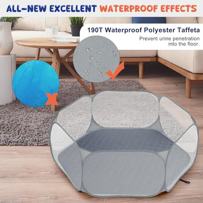 Pawaboo Small Animals Playpen with Pad, Waterproof Small Pet Cage Tent with Reusable Pad, Portable Outdoor Yard Fence for Chick/Kitten/Puppy/Guinea Pig/Rabbits/Chinchillas, Gray+Gray - color: Gray+Gray