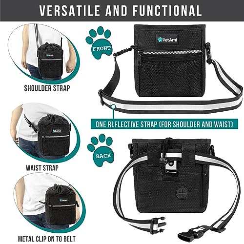 PetAmi Dog Treat Pouch, Pet Treat Pouch For Training, Dog Walking Bag Holder for Kibbles, Pet Food Toy, Dog Trainer Essentials Supplies, Poop Bag Dispenser, 3 Ways to Wear (Black) - color: Black