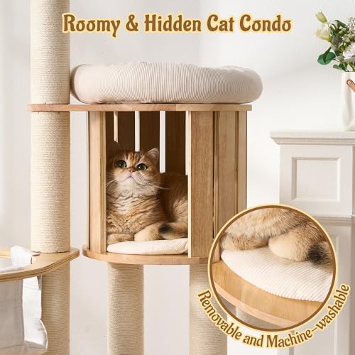 Modern Cat Tree Tower with Scratching Post, 61.5in Tall Cat Tree for Indoor Cats, Multi-Level Solid Wood Cat Furniture with Cozy Cat Beds, Condo, Hammock, Capsule Nest, Turntable Toy, Natural - color: 61.5"-V-Natural