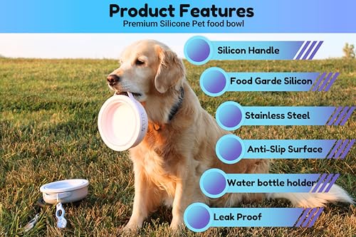 2-in-1 Travel Dog & Cat Bowl – Collapsible BPA-Free Silicone & 18/8 Stainless Steel, Portable & Non-Slip with Handle, Easy to Clean, Food & Water Bowl for On-the-Go Pets, Bottle/PoopBag Holder - color: Blue Bowl