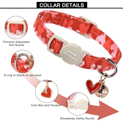 Unique style paws 2 Pack Valentine's Day Kitten Collar Breakaway with Bell&Pendant, Adjustable Safety Red Lip Rainbow Cat Cotton Collar for Girl Boy Cat and Small Pet - color: red pink heart