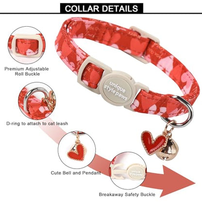 Unique style paws 2 Pack Valentine's Day Kitten Collar Breakaway with Bell&Pendant, Adjustable Safety Red Lip Rainbow Cat Cotton Collar for Girl Boy Cat and Small Pet - color: red pink heart