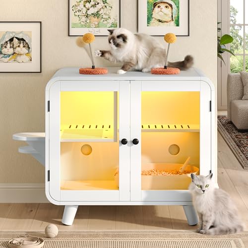 Merax Cat Hidden Litter Box Enclosure with RGB LED Light – Retro TV-Style Cat House Cabinet with Stairs, Pom-Pom Toys, Litter Leak Walkway & Glass Doors for Living Room,Cream - color: Cream