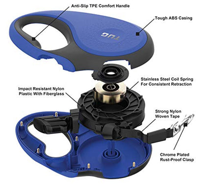 TUG 360° Tangle-Free Retractable Dog Leash with Anti-Slip Handle | 16 ft Strong Nylon Tape | One-Handed Brake, Pause, Lock (Large, Blue) - color: Blue, size: Large