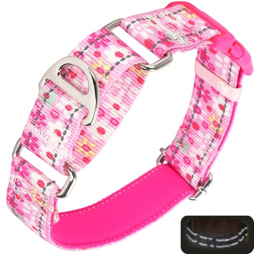 Pink Floral Martingale Dog Collars for Dogs, Reflective Nylon Dog Collar with Buckle Adjustable Training, Walking, Hunting No Slip Dog Collar (Medium, Floral) - color: 2, size: M