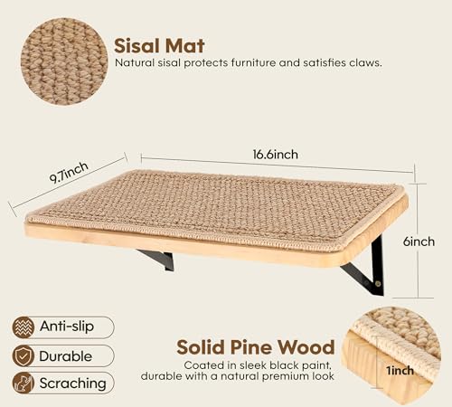 2PCS Cat Wall Shelves with Scratching Mat, 16.6x9.7 Inch Solid Pine Wood Wall Mounted Kitten Floating Shelf, Window Perch Hammock, Cats Wall Furniture for Cats Sleeping, Playing, Climbing - color: Wood Shelf, size: Double Shelf (2 Pieces)