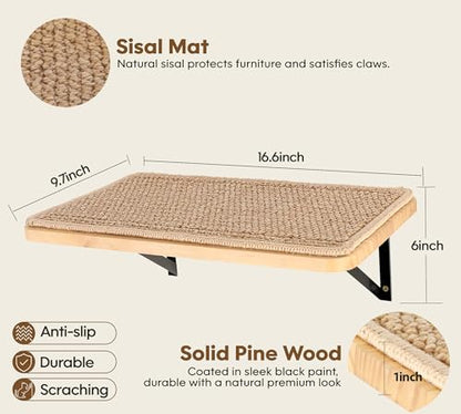 2PCS Cat Wall Shelves with Scratching Mat, 16.6x9.7 Inch Solid Pine Wood Wall Mounted Kitten Floating Shelf, Window Perch Hammock, Cats Wall Furniture for Cats Sleeping, Playing, Climbing - color: Wood Shelf, size: Double Shelf (2 Pieces)