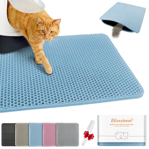 Waterproof Cat Litter Mat, Double Layer EVA, Odor-Free Large Grid, Urine Proof, Easy Cleanup (Blue, 12 x 12) - color: Blue