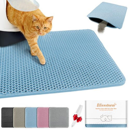Waterproof Cat Litter Mat, Double Layer EVA, Odor-Free Large Grid, Urine Proof, Easy Cleanup (Blue, 12 x 12) - color: Blue