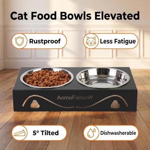 All-Metal Cat Food Bowl Raised, 5.5" WideTilted Whisker-Fatigue Pet Dish, Anti-Vomiting, 2 Stainless Steel Bowls for Food Water, Non-Slip Elevated Cat Feeding Stand for Indoor Multi Cats,Puppy, Black - color: Black-1