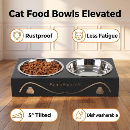 All-Metal Cat Food Bowl Raised, 5.5" WideTilted Whisker-Fatigue Pet Dish, Anti-Vomiting, 2 Stainless Steel Bowls for Food Water, Non-Slip Elevated Cat Feeding Stand for Indoor Multi Cats,Puppy, Black - color: Black-1