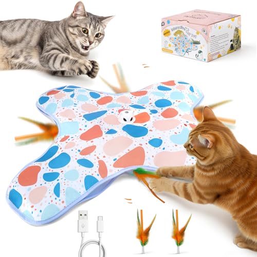 Interactive Cat Toys, Hide and Seek Cat Toy, 2 in 1 Automatic Moving Concealed Feathers for Indoor Cats, Non-Slip Suction, Touch Activated, USB Rechargeable, Blue - color: Blue