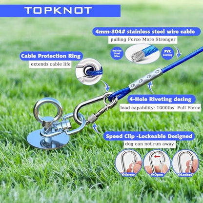 TOPKNOT Dog Tie Out Cable and Stake,360°Swivel Dog Run Anchor，with 30FT Heavy Duty Cable- No Tangle,Dog Runner for Yard - Up to 150LBS,Ideal for Outdoor Camping - size: dog stake+30ft/150lbs
