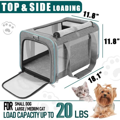 GAPZER Pet Carrier for Large Cats 20 lbs+ / Soft Sided Small Dog Travel Carriers Top Load/Collapsible Carrier Bag for Big Cat / 2 Kittens Sturdy Transport Carriers Long Trips/Medium Cats 15 pounds - color: Grey
