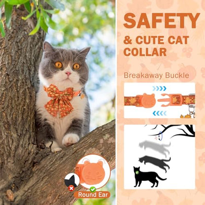 SCENEREAL Fall Cat Collar with Bell & Stylish Bowtie, Turkey Maple Leaf Pattern Breakaway Cat Collars Accessories for Boy Girl Small Cats, Holiday Thanksgiving Kitten Costumes for Female Male Pets - color: Stylish Bow (Thanksgiving/Fall)