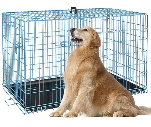 Heavy Duty Large Dog Crate, 48 Inch Dog Crates for Large Dogs, Metal Wire Folding Dog Cage with Removable Trays, Locks, Double-Door, Divider Panel, Handle, XXL Dog Crate Pet Crate (48 in, Blue) - color: Blue, size: 48.0"L x 30.0"W x 33.0"H