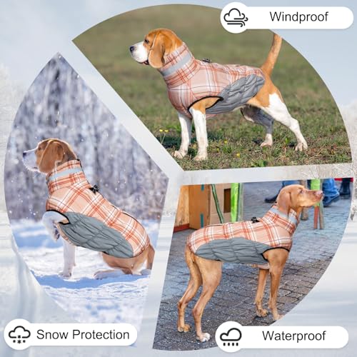 BEAUTYZOO Dog Winter Coat with Harness Built in, Reflective Plaid Puffer Vest Waterproof for Medium Dogs, Fleece Warm Puppy Zipped Jacket with D Ring, Pet Cold Weather Sweater Clothes, Brown M - color: Brown, size: Medium