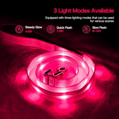 Weesiber Light Up Dog Leash, 4ft LED Dog Leash Rechargeable Puppy Lead Waterproof Safety Glow in The Dark Pet Lights for Night Walking (Pink) - color: Pink