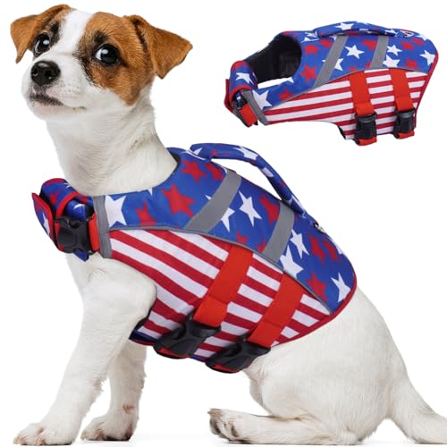 Kuoser Dog Life Jacket with Reflective Stripes, Dog Life Vest for Swimming Boating, Adjustable Pet Lifejackets with High Flotation, Doggie Swimsuit for Small Medium Large Dogs - color: Flag, size: Xs (Chest Girth:12.9-18.1'')