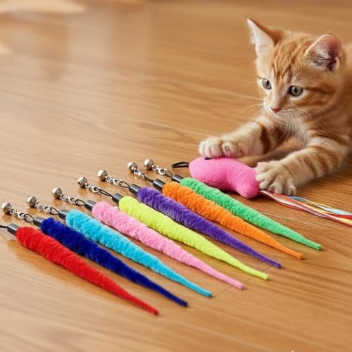 10 PCS Cat Worm Toy Including Worm & Little Fish, Interactive Cat Wand Toy Retractable Cats Wand Attachment Fuzzy Worms Toys Cats Fishing Pole Toys with Wands Replacement Rope for Play Exercise