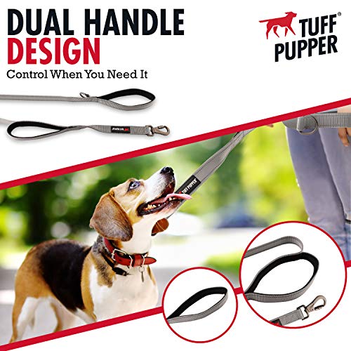 Tuff Pupper Heavy Duty Double Handle Leash | Twist Locking Carabiner Clip | Safety Lock for Strong Dogs | Reflective for Safe Night Walks | 6 Foot Leash | For Medium & Large Dogs - color: Steel Grey