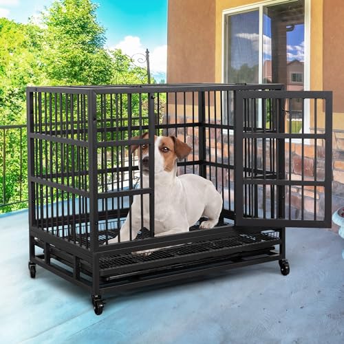 JY QAQA 38 Inch Heavy Duty Indestructible Dog Crate, Escape Proof Dog Cage Kennel with Lockable Wheels,High Anxiety Double Door Dog Crate, Xl Extra Large Crate Indoor for Large Dog with Removable Tray - size: 37.8"x 25.5"x 30.7"(L)