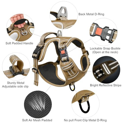 Dog Harness Small Sized, No Pull Pet Harness with Neck Lockable Snap,No Choke Front Clip Dog Reflective Vest,Adjustable Metal Rings 3 Buckles,Easy Control Handle for Small Dogs Khaki S - color: Lock Khaki, size: Small (Pack of 1)