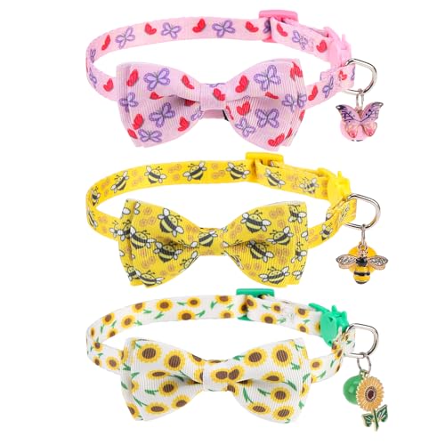 Breakaway Cat Collar with Removable Bow Tie and Bell, Cute Multi-Style Patterns, 3 Pack Safety Buckle Kitten Collars, Adjustable Pet Collar for Cats Puppy (Style B - Nature) - color: Style B - Nature