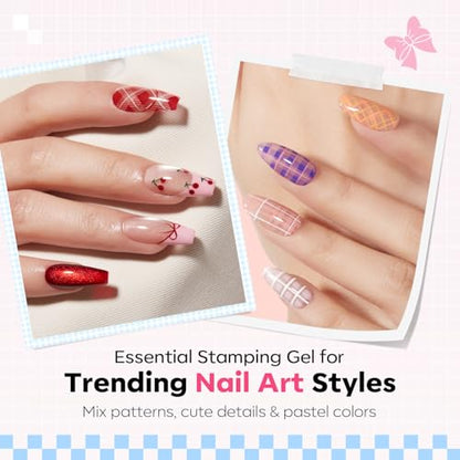 Modelones 16PCS Plaid Nail Stamping Kit – French Tip Stamper White Black Painting Gel Polish Chrome Powder Proof Matte Gel Top Coat Gingham Template Dual Nail Art Brush Summer Manicure Gift for Women - color: A A A1 Classic Plaid Elegance