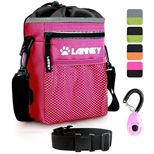 Dog Treat Pouch Pet Training Bag for Small to Large Dogs, Treat Tote Carry Kibble Snacks Toys for Training Reward Walking, Metal Clip, Waist belt, Shoulder Strap, Poop Bag Dispenser and Clicker - color: Pouch(Pink with Black)+Clicker
